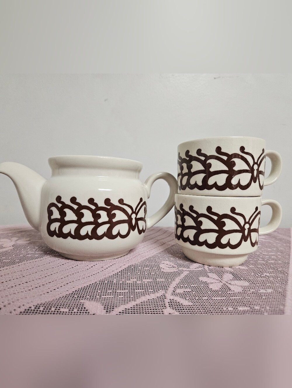 Vintage Ceramic Teapot And Mugs with Brown Butterfly Pattern